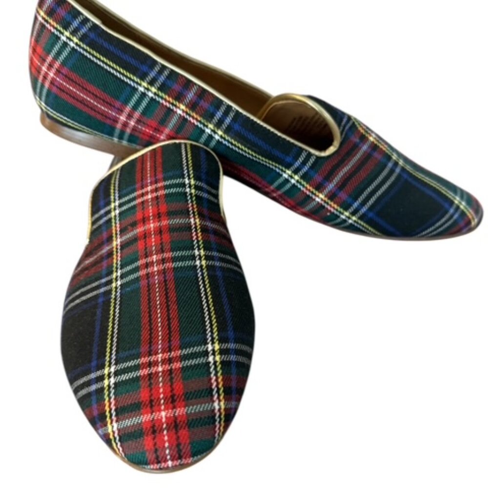Women's J.Crew Tartan slip-on loafers Plaid Red Black Multi. Size 8.5